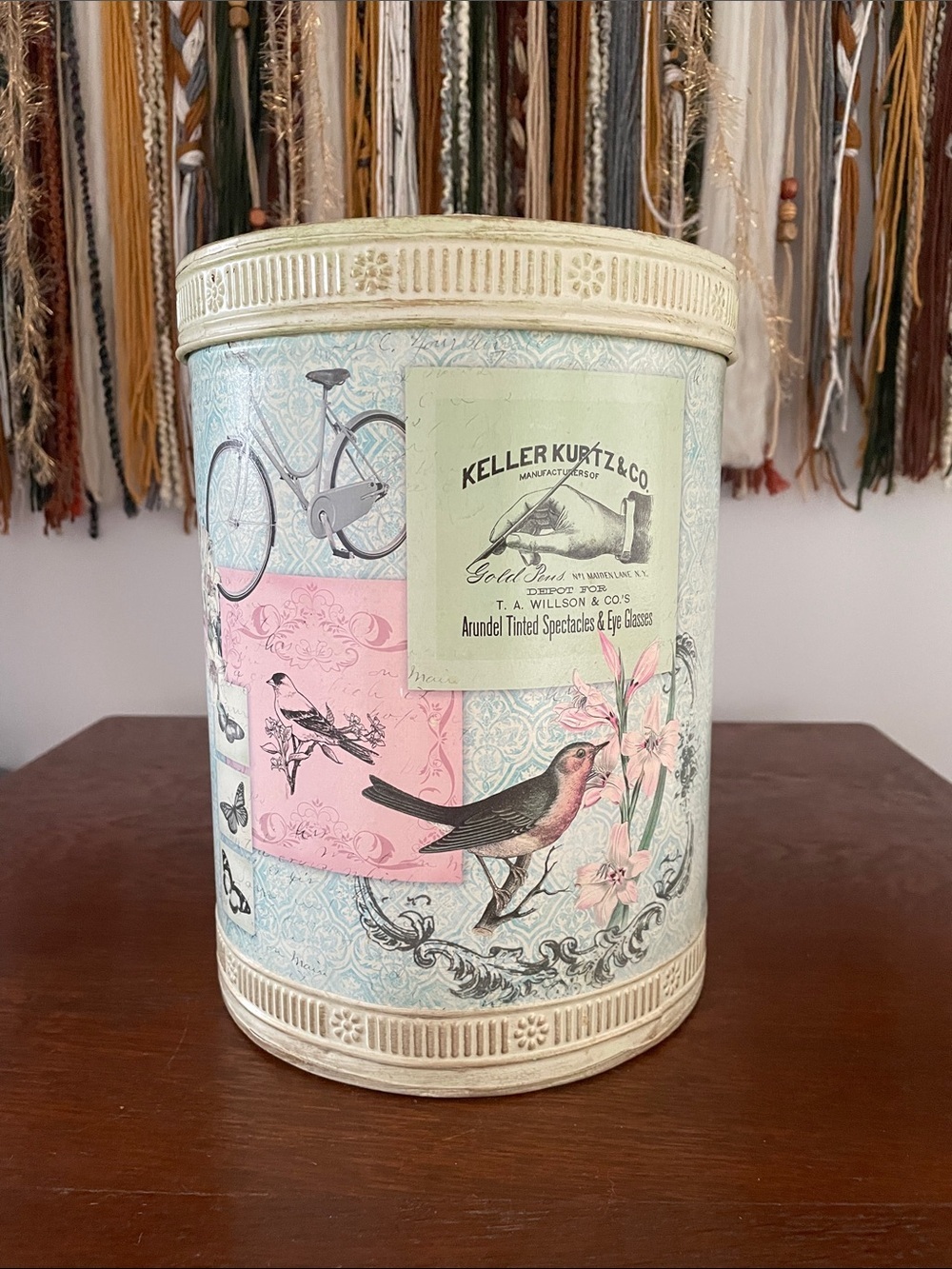 Decorative Vintage Bird Tin - Pastel Pink & Blue - storage
